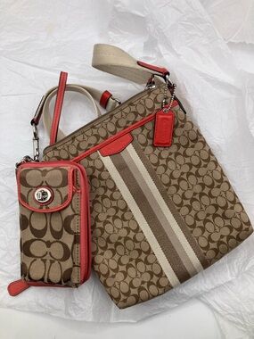 SET Coach Signature Stripe Crossbody Bag in Brown with Coral Trim